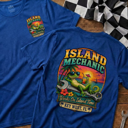 Blue t-shirt with "Island Mechanic" graphic featuring a gecko on a wrench with "Key West, FL" text.