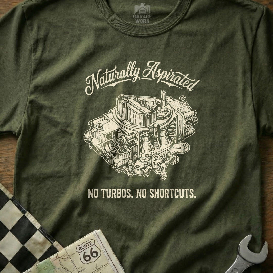 T-shirt with "Naturally Aspirated" and "No Turbos. No Shortcuts." text, featuring a carburetor illustration.