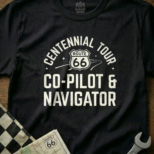 Black t-shirt with "Centennial Tour Route 66 Co-Pilot & Navigator" in white text.