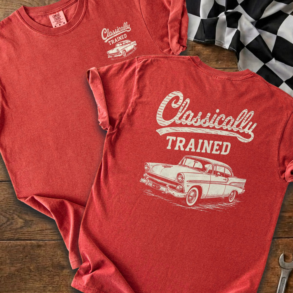 Red t-shirt with "Classically TRAINED" text and a vintage car graphic.