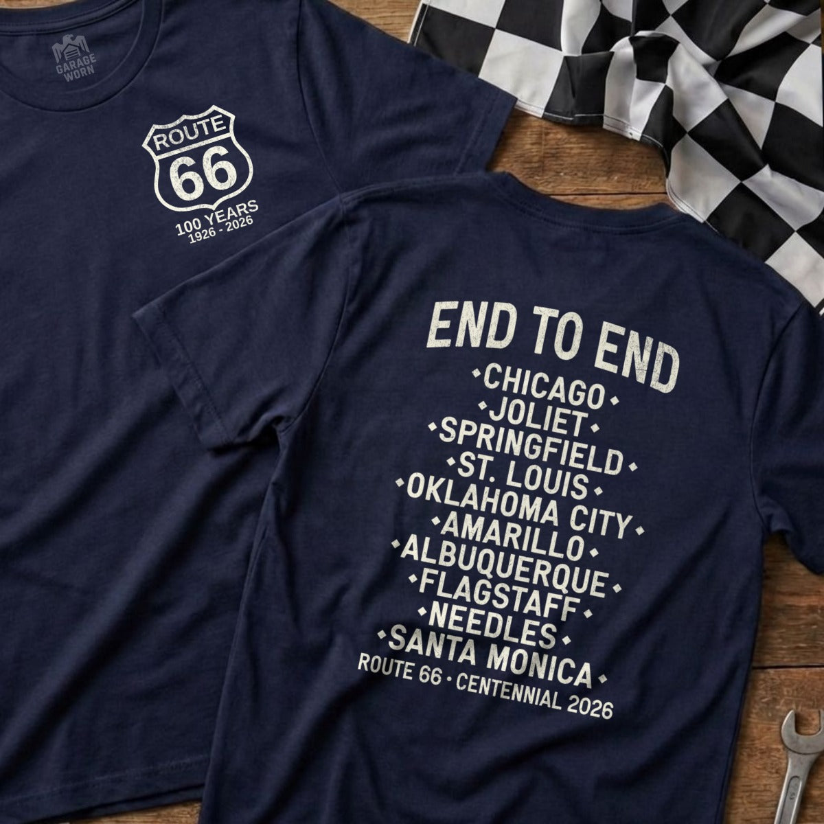 Navy t-shirt with Route 66 logo and list of cities for centennial celebration.