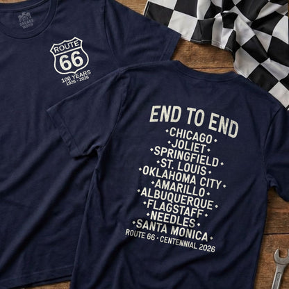 Navy t-shirt with Route 66 logo and list of cities for centennial celebration.