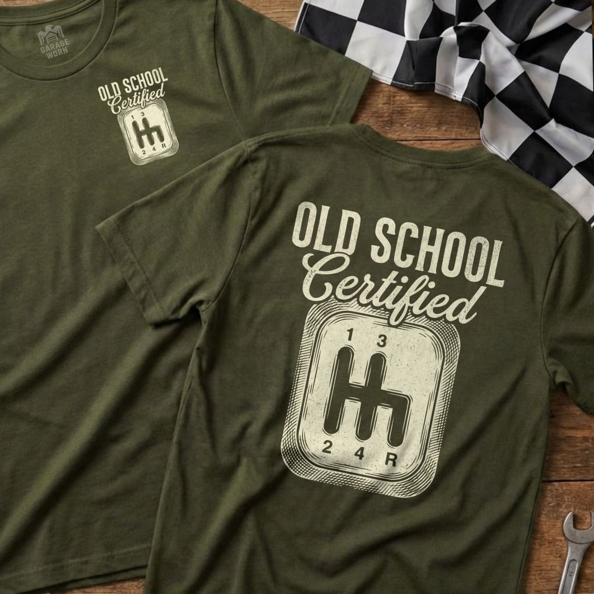 Green t-shirts with "Old School Certified" and a manual transmission shift pattern.