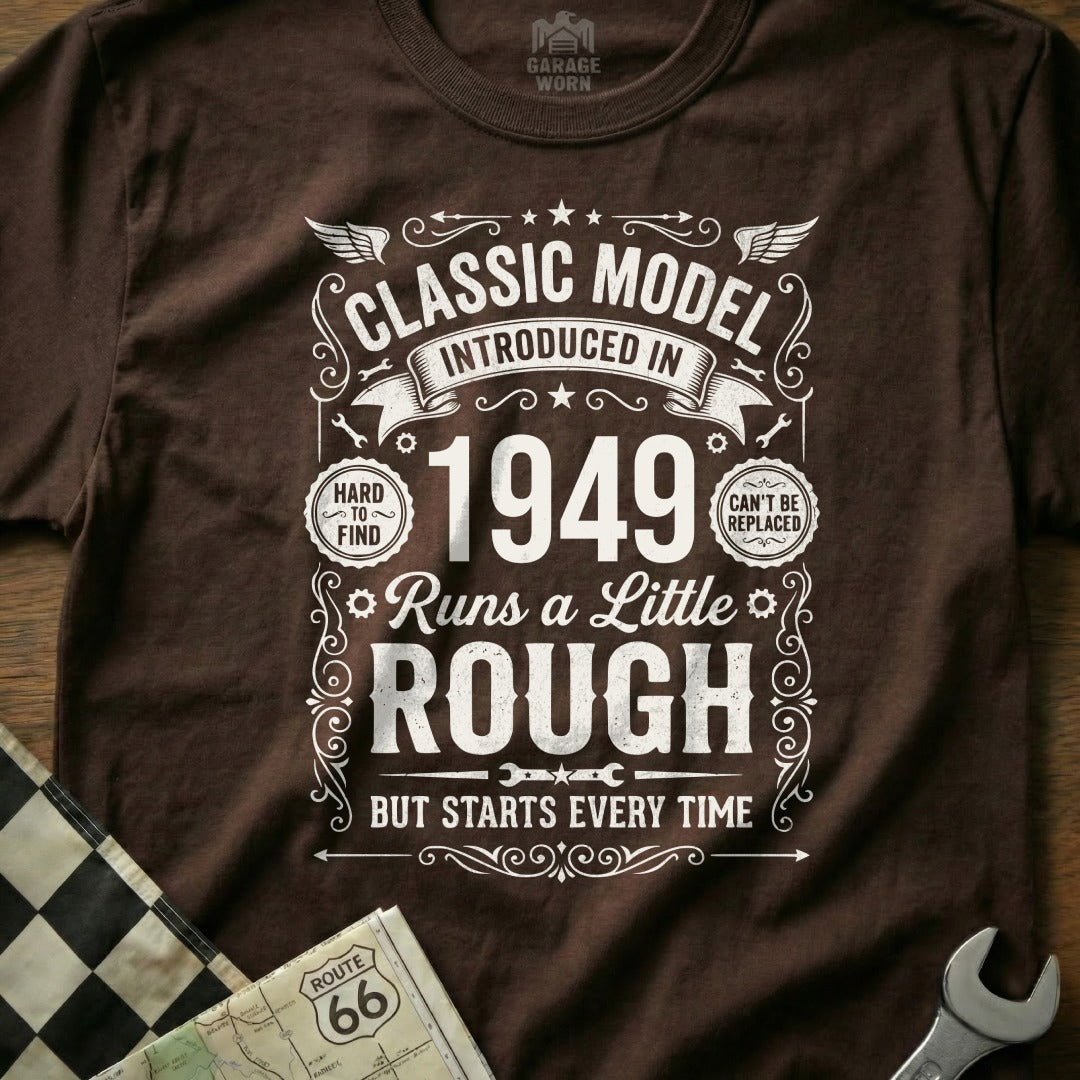 Brown t-shirt with "Classic Model 1949" design.