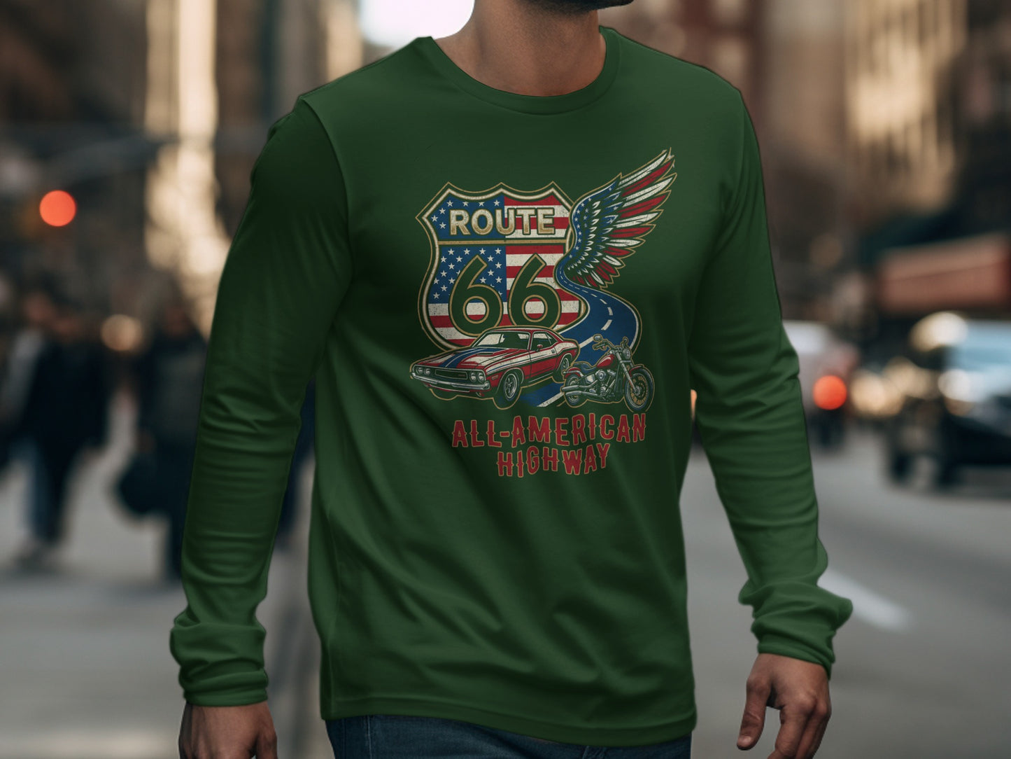 Green long-sleeve shirt with Route 66 All-American Highway graphic.