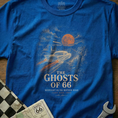 Blue t-shirt graphic: vintage car, gas station, Route 66 sign, moon, text "The Ghosts of 66".