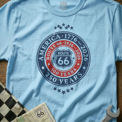 Light blue t-shirt with Route 66 100 and 250 Years commemorative logo.