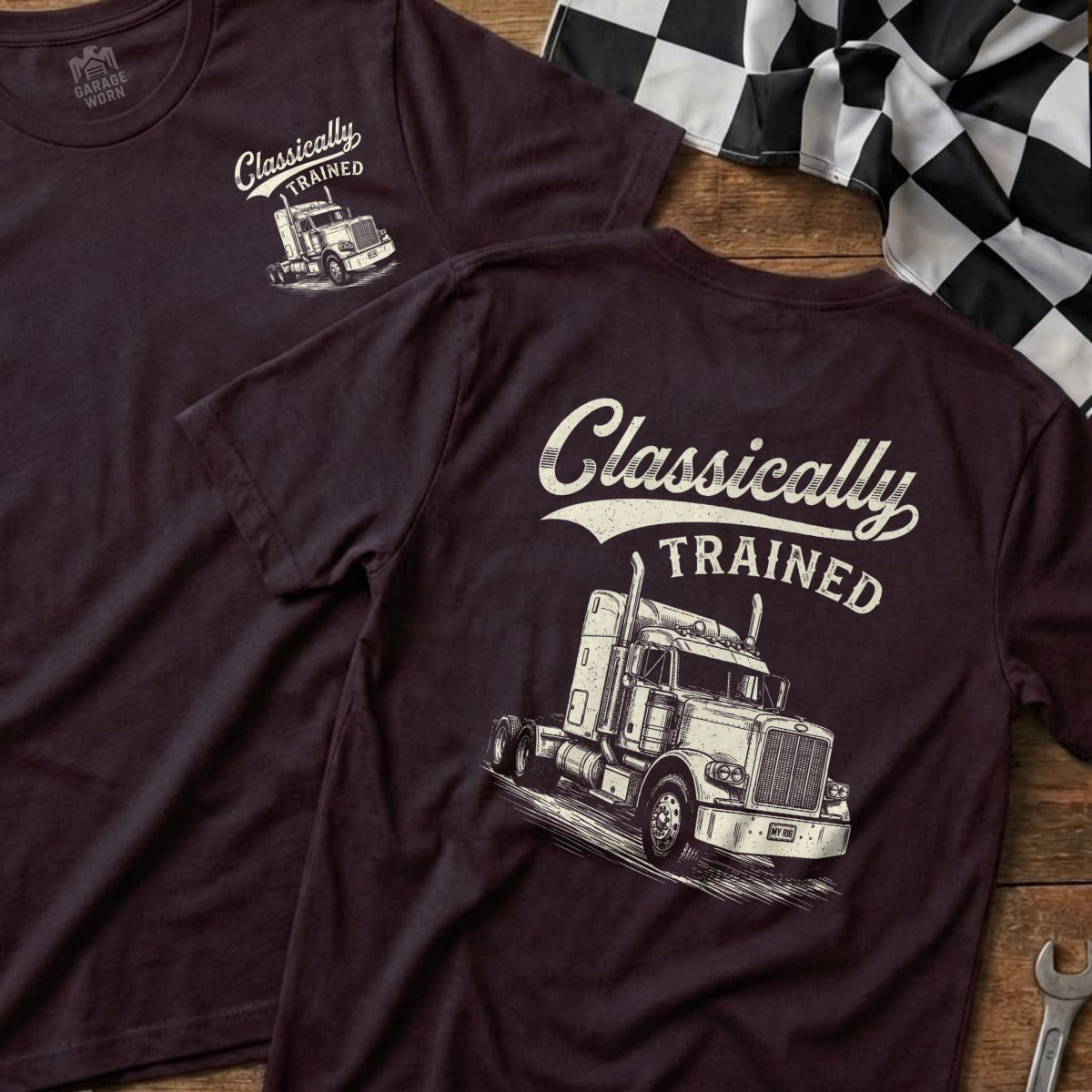 Dark t-shirt with white "Classically TRAINED" text and vintage truck graphic.
