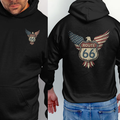 Black hoodie with Route 66 American flag shield logo on front and back.