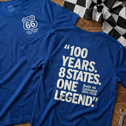 Blue t-shirts with Route 66 Centennial 1926-2026 graphic and text.
