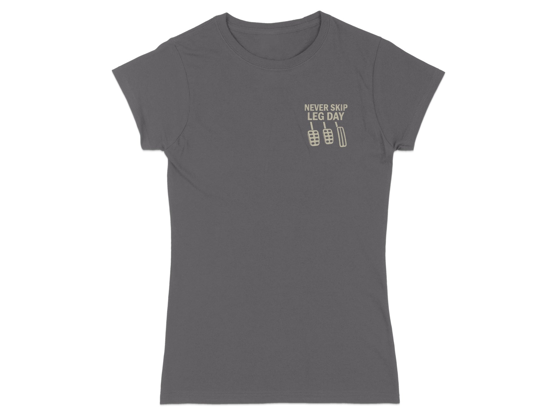 Gray t-shirt with "NEVER SKIP LEG DAY" text and pedal graphics.
