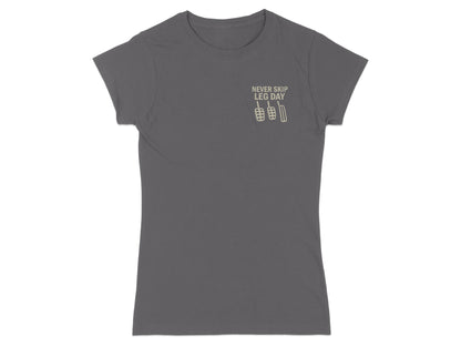 Gray t-shirt with "NEVER SKIP LEG DAY" text and pedal graphics.
