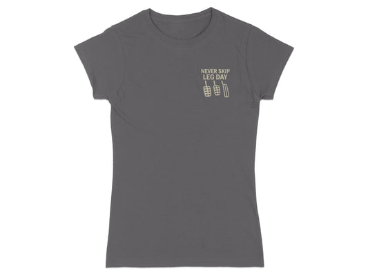 Gray t-shirt with "NEVER SKIP LEG DAY" text and pedal graphics.