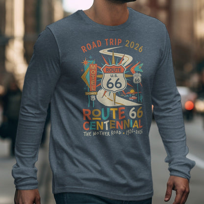 Route 66 Centennial long sleeve shirt design featuring vintage motel and road trip graphics.