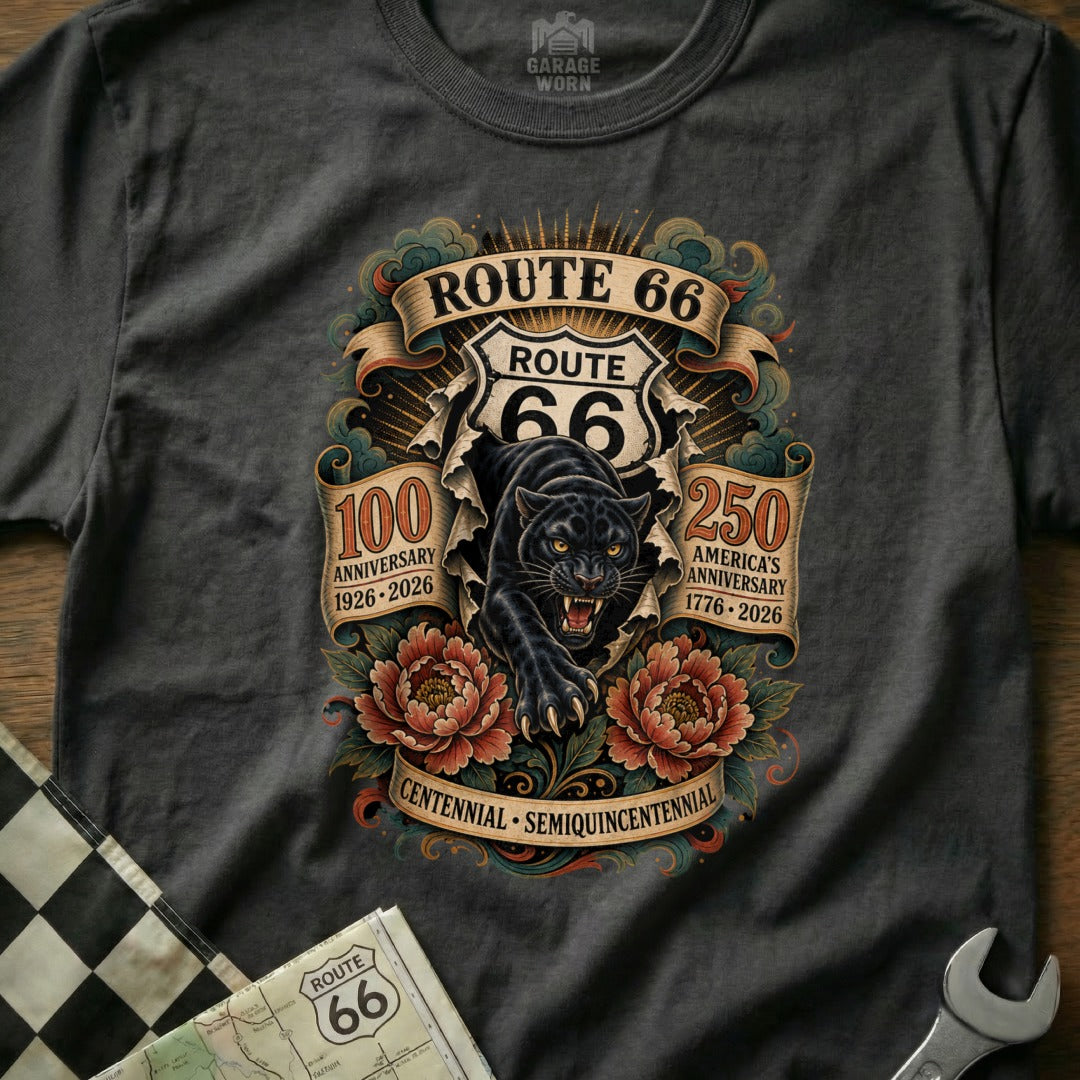 Route 66 graphic shirt with a black panther, Route 66 logos, and anniversary dates.
