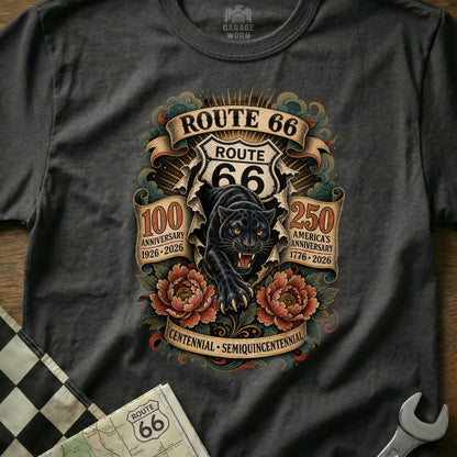 Route 66 graphic shirt with a black panther, Route 66 logos, and anniversary dates.
