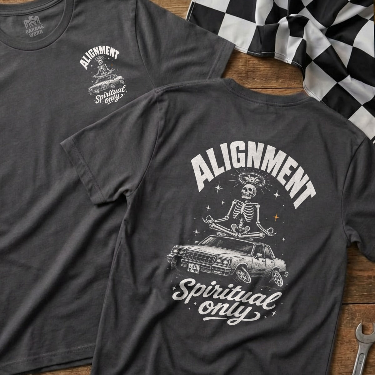 Gray t-shirt with skeleton meditating on car, text "Alignment Spiritual Only".