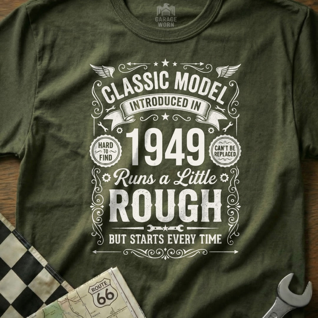 Olive green t-shirt with "Classic Model 1949" graphic.