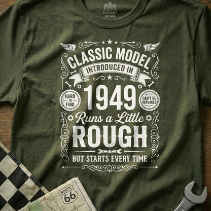 Olive green t-shirt with "Classic Model 1949" graphic.