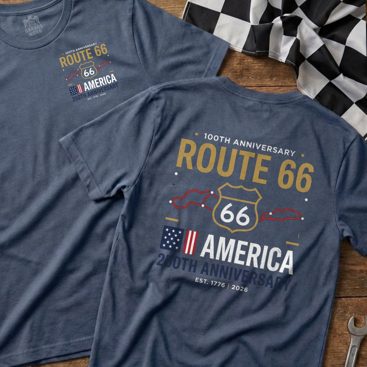 Blue t-shirts with "Route 66 America 100th/250th Anniversary" graphic.