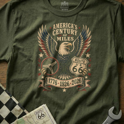 Olive green t-shirt with an eagle, steering wheel, and "America's Century of Miles Route US 66" text.