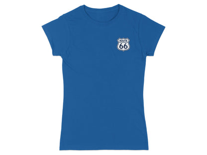 Blue t-shirt with Route 66 logo on left chest.