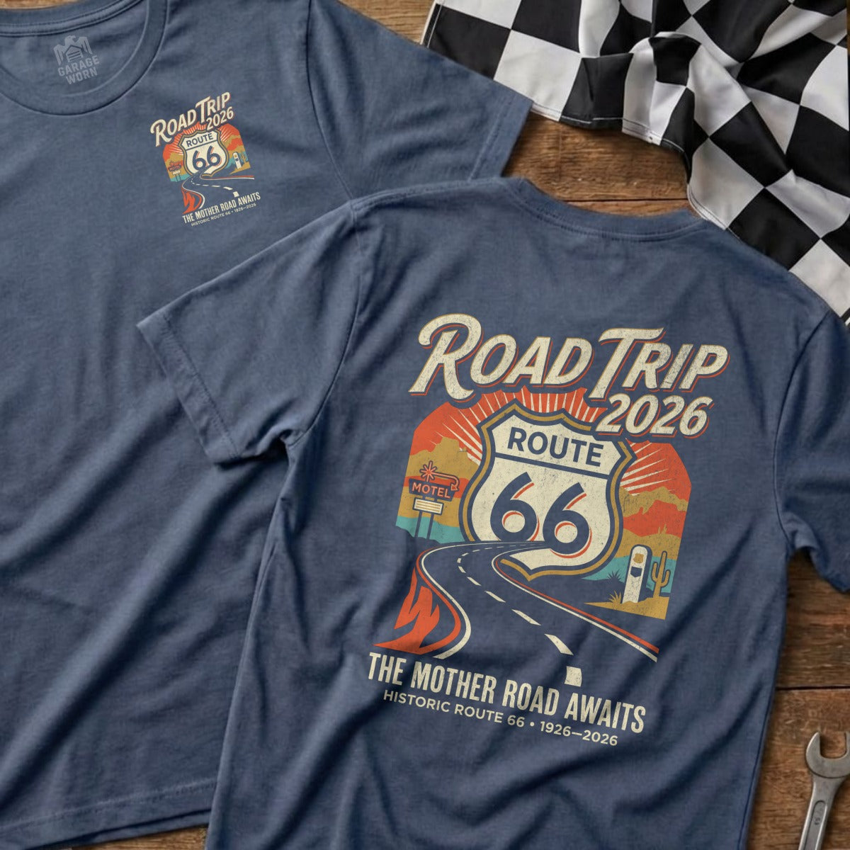 Blue t-shirts with "Road Trip 2026" and Route 66 graphic.