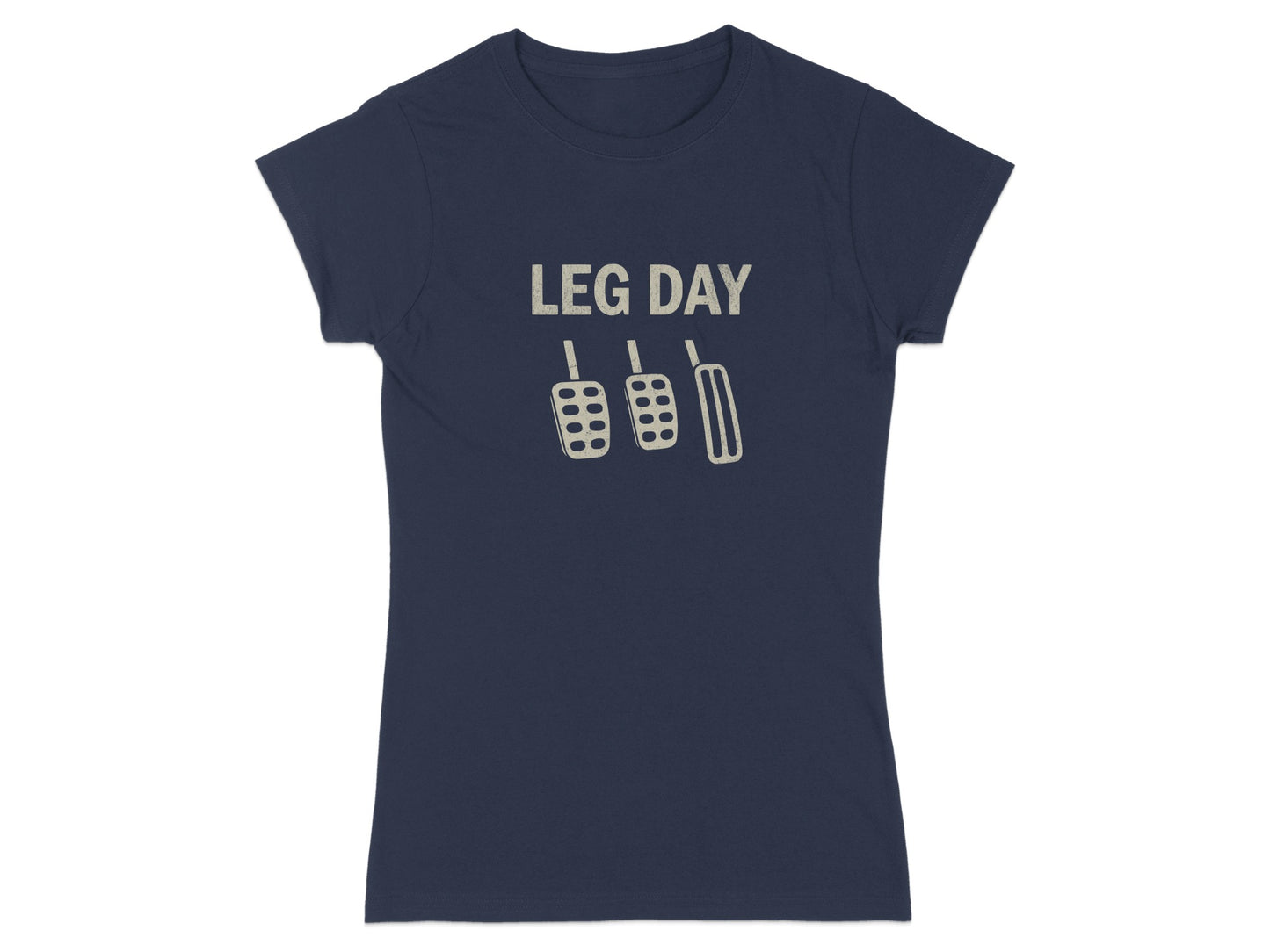 Navy t-shirt with "LEG DAY" text above car pedals graphic.