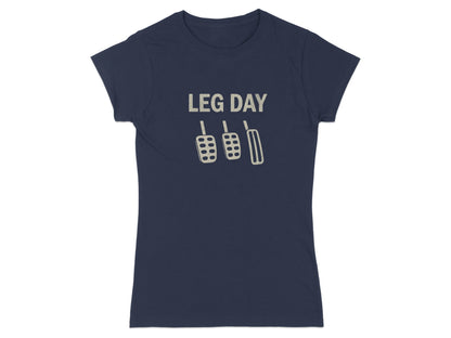 Navy t-shirt with "LEG DAY" text above car pedals graphic.