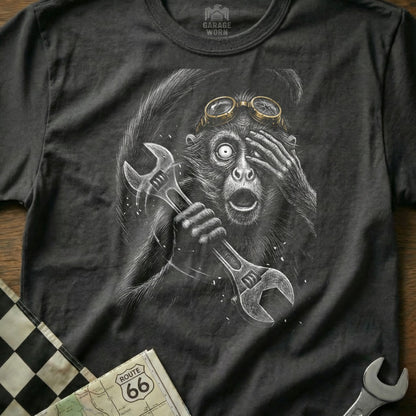 Monkey in goggles holding wrenches, hand over eye, on charcoal t-shirt.