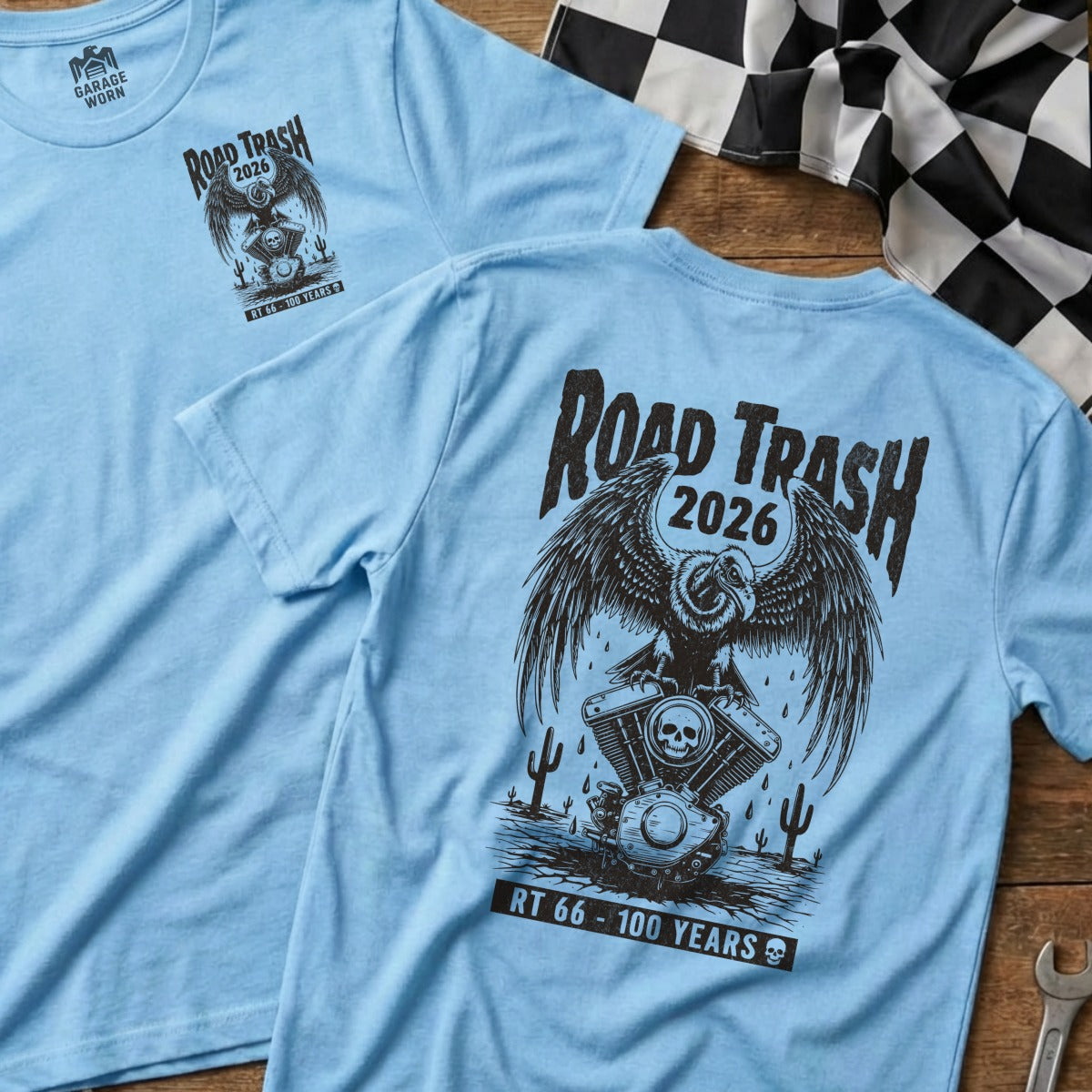 Light blue t-shirt with "Road Trash 2026" eagle and motorcycle graphic.