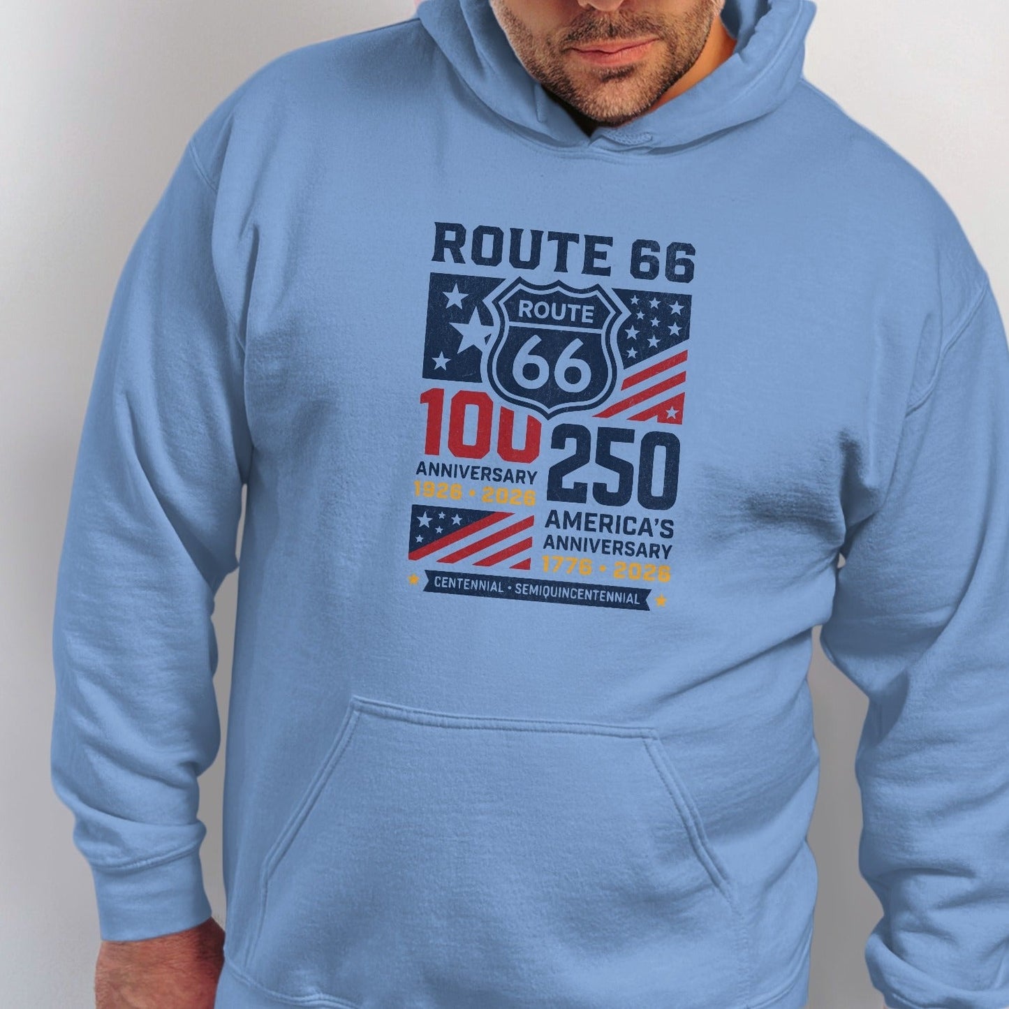 Light blue hoodie with Route 66 100th anniversary and America's 250th anniversary text.