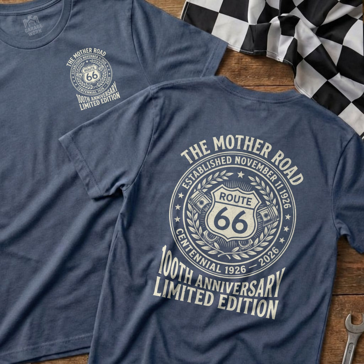 Navy t-shirt with Route 66 centennial logo and "The Mother Road" text.