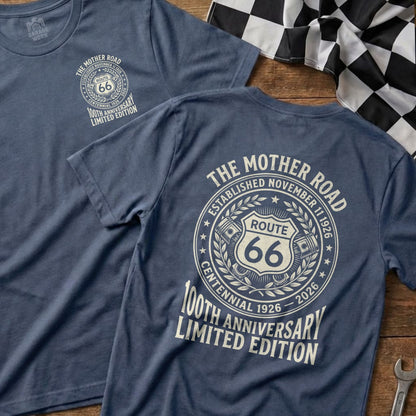 Navy t-shirt with Route 66 centennial logo and "The Mother Road" text.