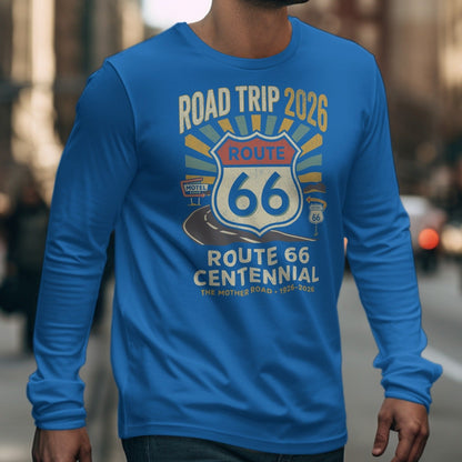 Blue long sleeve shirt with Route 66 Centennial 1926-2026 graphic.