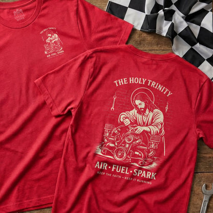 Red t-shirt with "The Holy Trinity" and engine graphic.