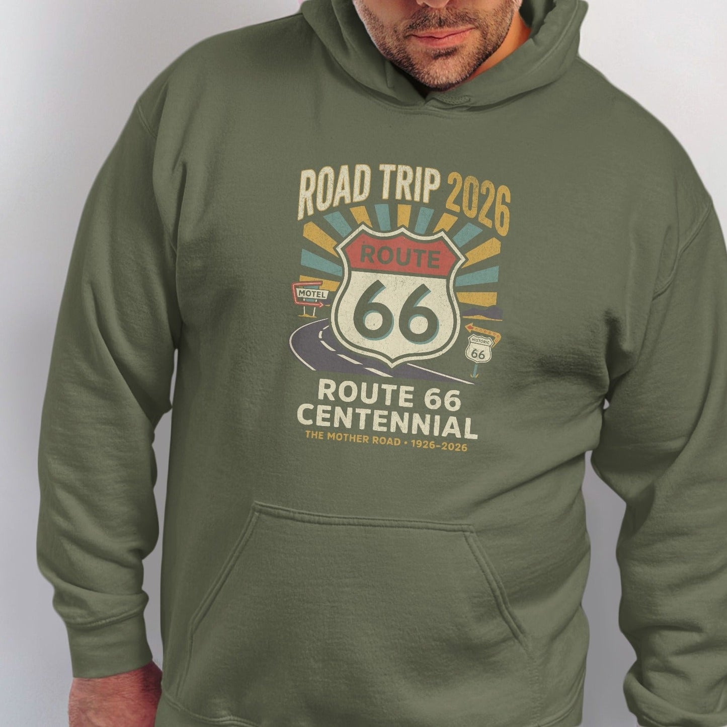 Olive green hoodie with Route 66 Centennial graphic, "Road Trip 2026" and "The Mother Road 1926-2026".