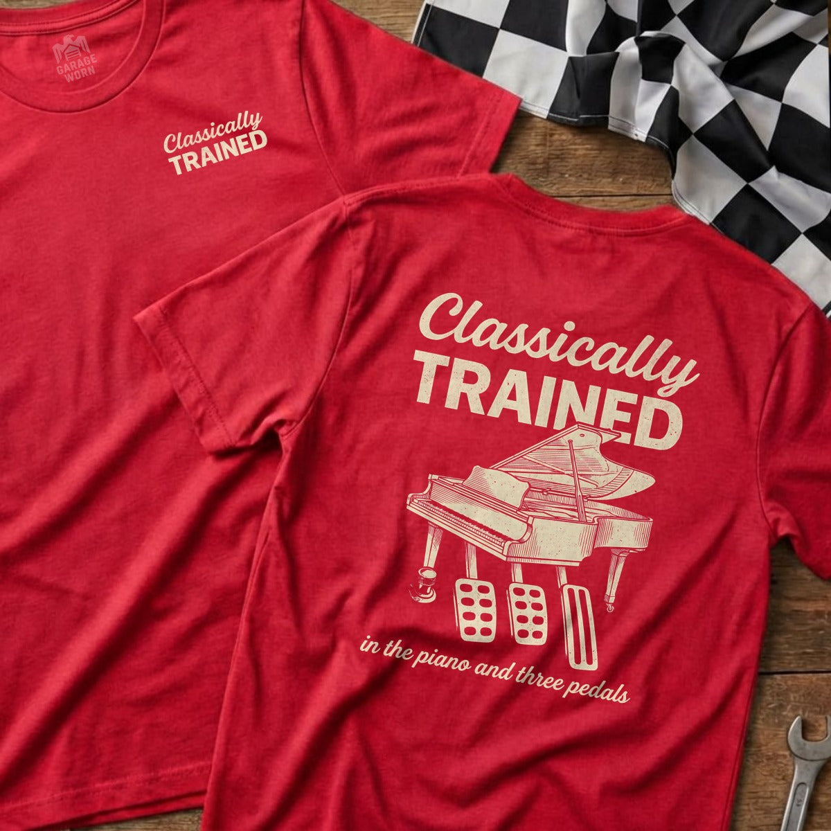 Red t-shirt with "Classically Trained" and piano with three pedals.
