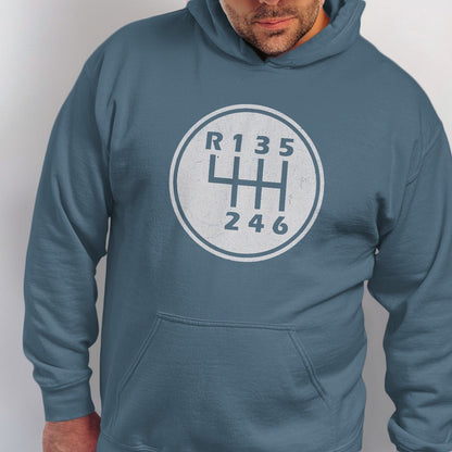 Blue hoodie with a white manual gear shift pattern design.