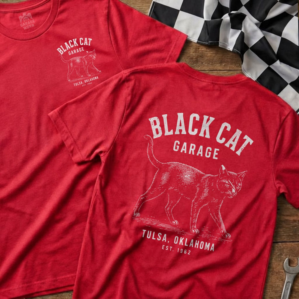 Red t-shirt with white "Black Cat Garage" and cat graphic, "Tulsa, Oklahoma Est. 1962".