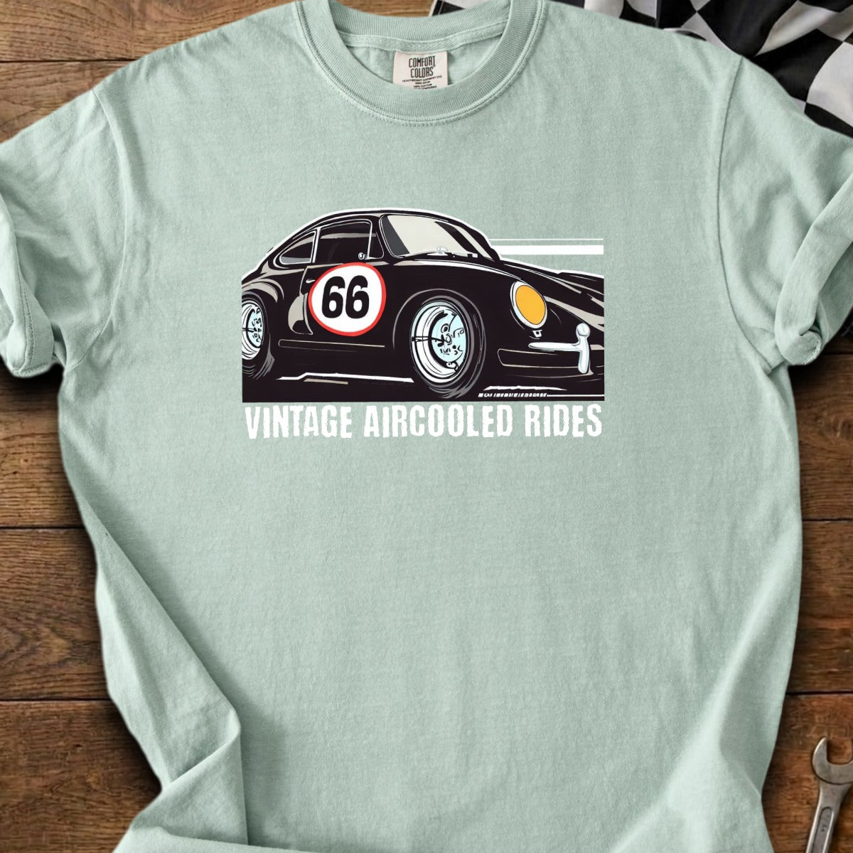 Light green t-shirt featuring a black vintage car with number 66 and "VINTAGE AIRCOOLED RIDES" text.