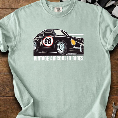 Light green t-shirt featuring a black vintage car with number 66 and "VINTAGE AIRCOOLED RIDES" text.