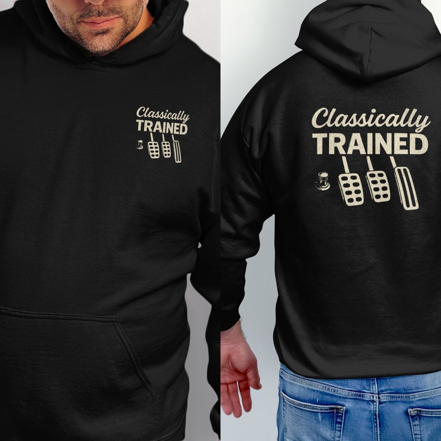Black hoodie with "Classically TRAINED" text and clutch, brake, and gas pedals graphic.