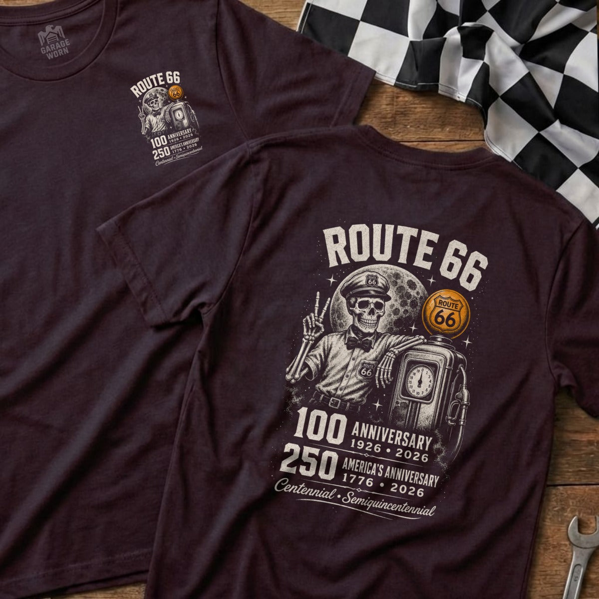 Route 66 t-shirt graphic with skeleton, gas pump, moon, and anniversary text.