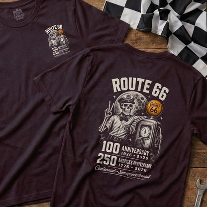 Route 66 t-shirt graphic with skeleton, gas pump, moon, and anniversary text.