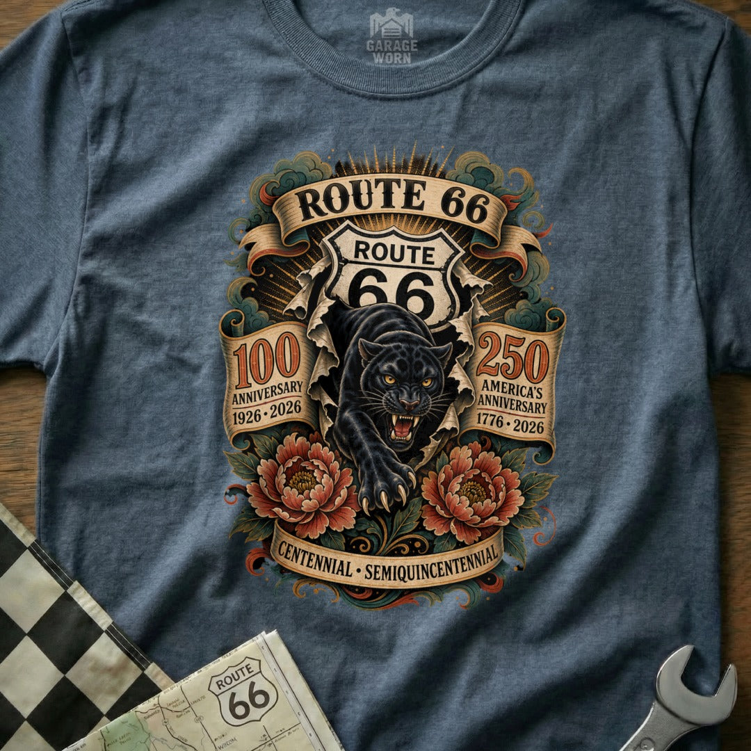 Route 66 t-shirt with black panther, peonies, and anniversary text.
