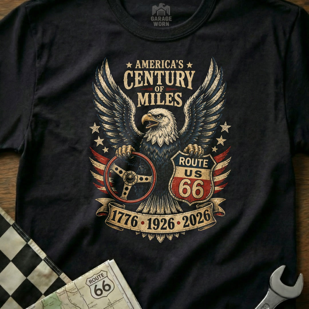 Eagle with Route 66 shield, steering wheel, and dates 1776, 1926, 2026.