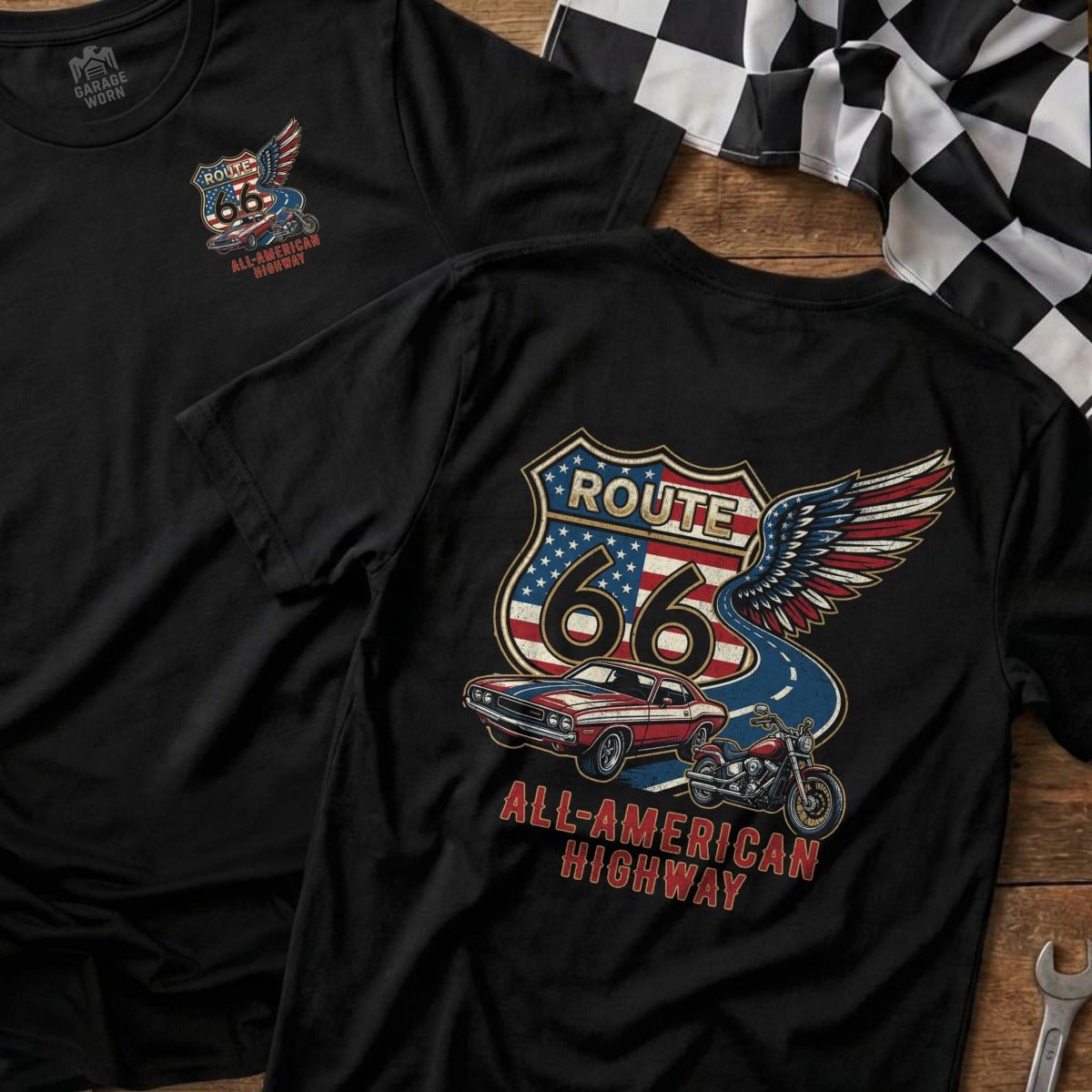 Route 66 shield graphic with classic car, motorcycle, and checkered flag.
