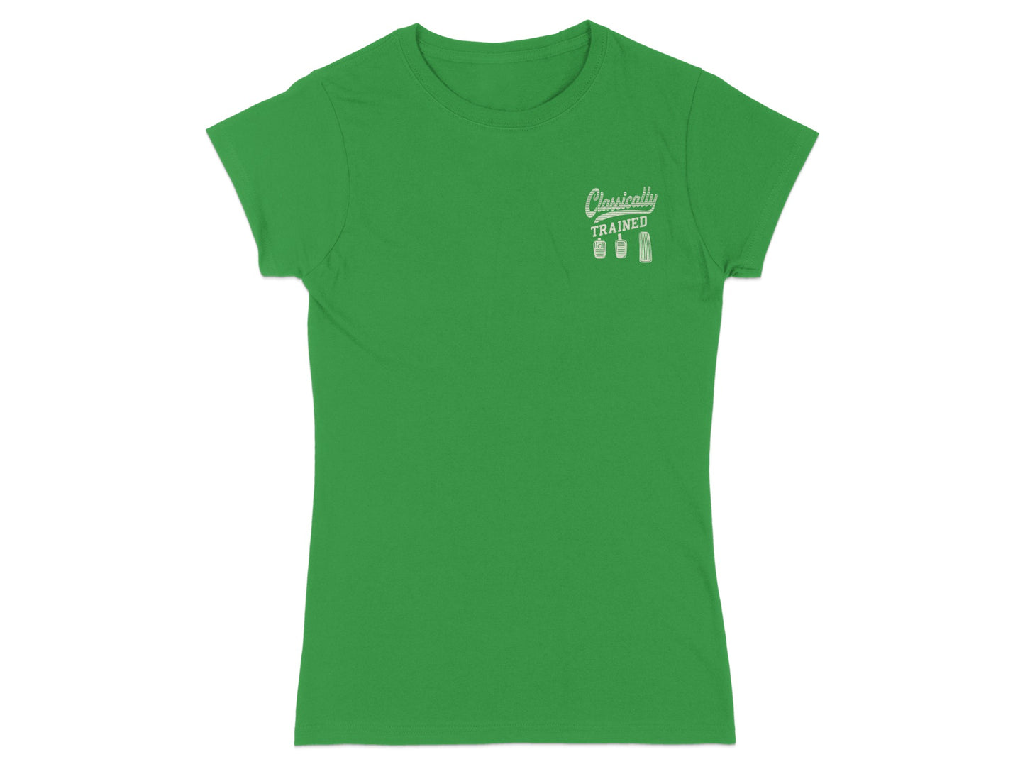Green t-shirt with "Classically Trained" and gear shift graphic.