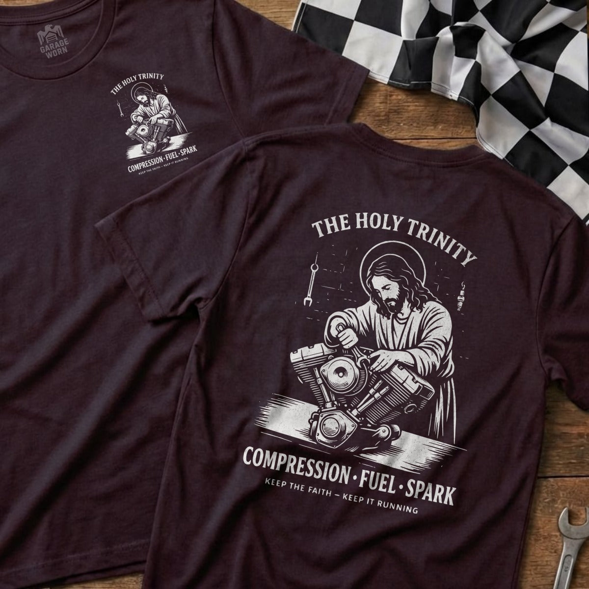 THE HOLY TRINITY COMPRESSION FUEL SPARK product type
T-shirt, Apparel, Clothing, Graphic Tee, Holy Trinity, Motorcycle Engine, Mechanic Theme, Jesus Christ, Automotive, Engine Repair, Spark Plug, Fuel System, Compression, Biker Culture, Rider Gear, Garage Worn, Faith Inspired, Keep It Running, V-Twin Engine, Workshop Design